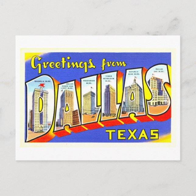 Vintage Hälsning från Dallas, Texas. Vykort (Framsida)