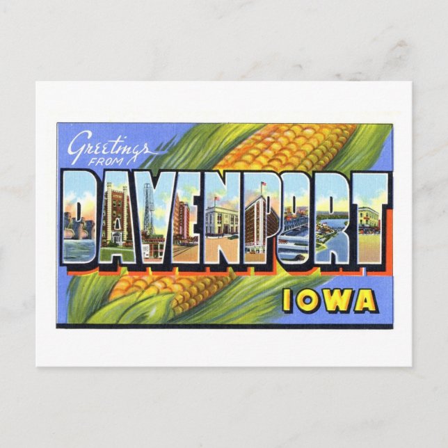Vintage Hälsning från Davenport, Iowa Vykort (Framsida)