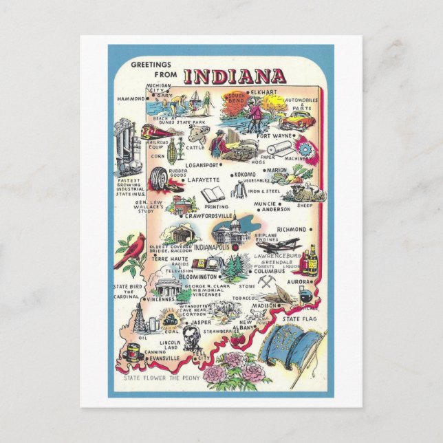 Vintage Hälsning från Indiana Karta vykort (Framsida)