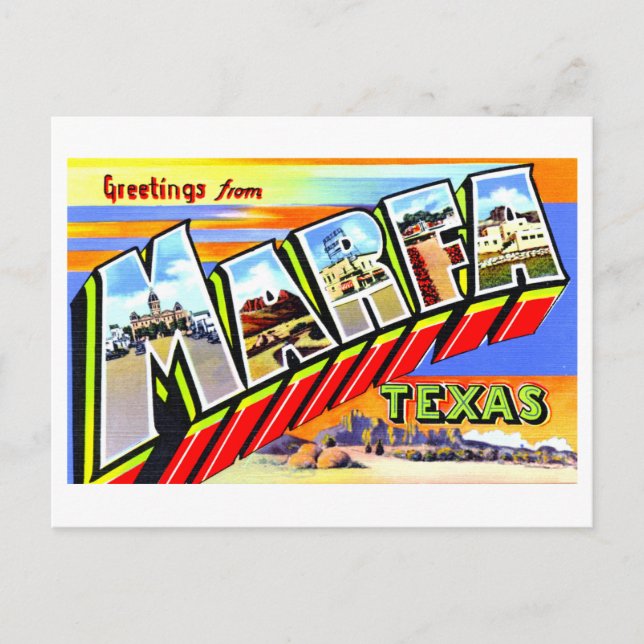 Vintage Hälsning från Marfa i Texas. Vykort (Framsida)