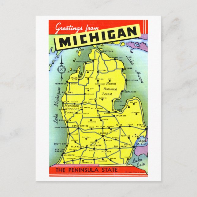 Vintage Hälsning från Michigan Karta vykort (Framsida)