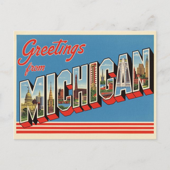 Vintage "Hälsning från Michigan" Vykort (Framsida)