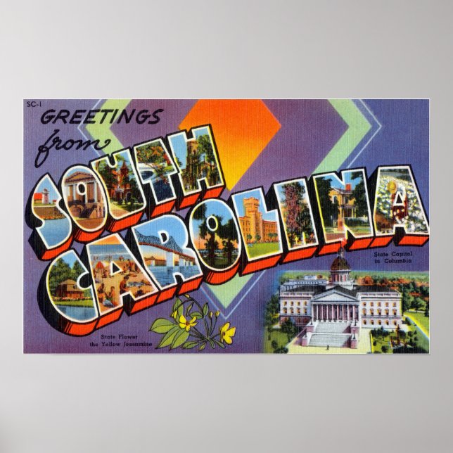 Vintage Hälsning från South Carolina Travel Poster (Framsidan)