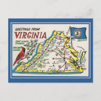 Vintage hälsning Virginia karta statblomma, fågel Vykort