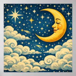 Vintage halvmåne natt himmel poster