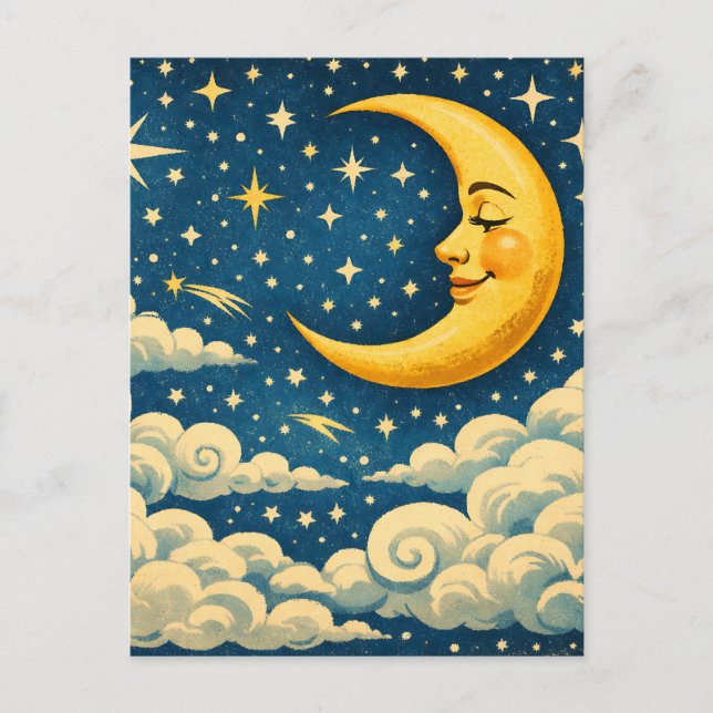 Vintage halvmåne natt himmel vykort (Framsida)