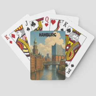 Vintage Hamburg Tyskland Hamnstad Illustration Casinokort
