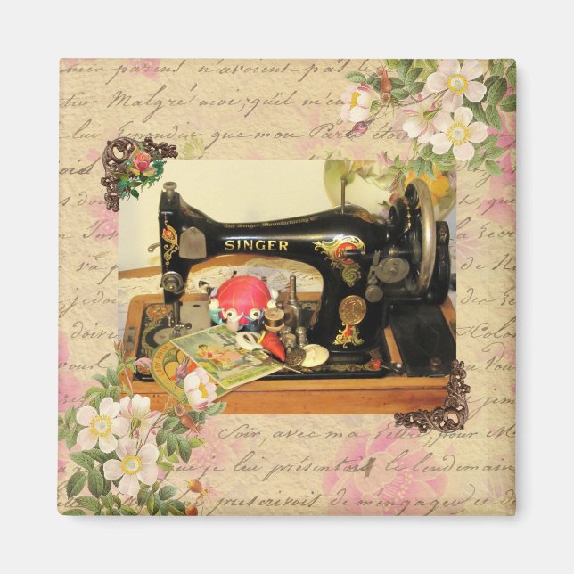 Vintage Hand Crank Sewing Maskin & Notions Magnet (Framsidan)