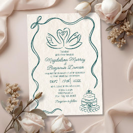 Vintage Hand Drawn Teal Green Retro Swans Wedding Inbjudningar