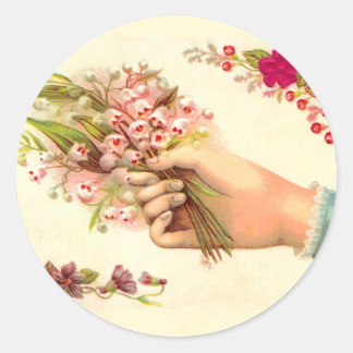 Vintage Hand of Kärlek Offering Lilies of the Vall Runt Klistermärke