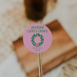 Vintage Hand Painted pink Green Christmas Wreath  Runt Klistermärke