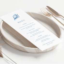Vintage Hand plockade Blue Seashell Bröllop Menu Meny