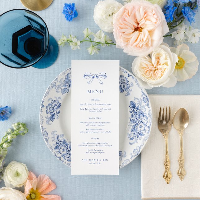 Vintage Hand plockade Bow Blue Bröllop Menu Meny (Skapare uppladdad)