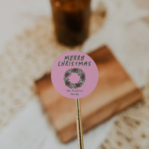 Vintage Hand plockade Rosa Grönt jul Bow Wand Runt Klistermärke