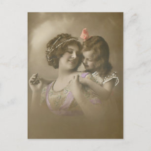 Vintage Hand-Tvisserligen-Mor/Dotter Porträtt Helg Vykort