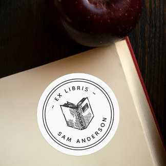 Vintage Handdragen Bok Round Bibliotek Ex Libris E Runt Klistermärke