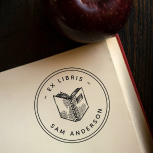 Vintage Handdragen Bok Round Bibliotek Ex Libris E Stämpel