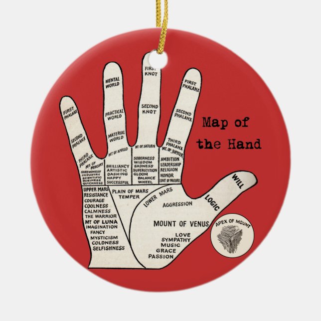 Vintage handflatan: palmiskt förmögenhet julgransprydnad keramik (Framsidan)