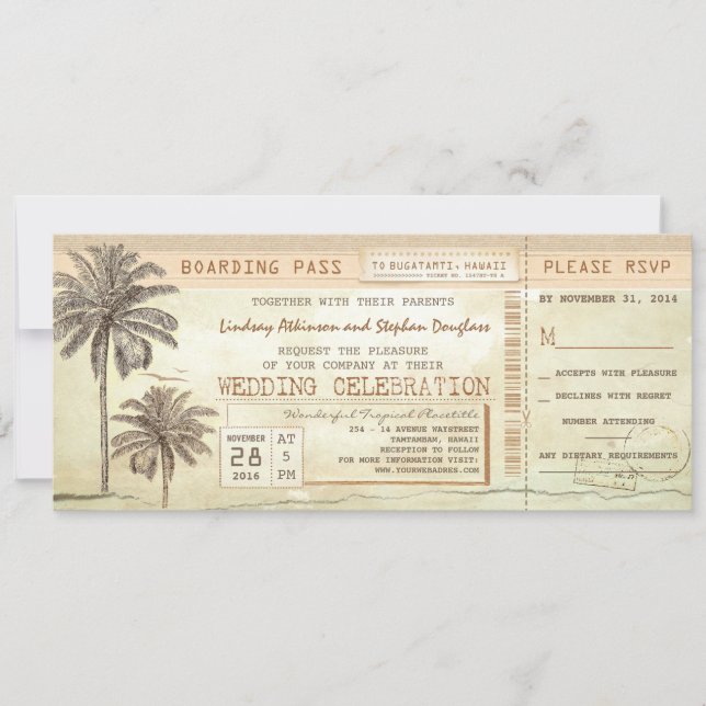Vintage Handflatan Seaside Boarding Pass Bröllop B Inbjudningar (Framsida)