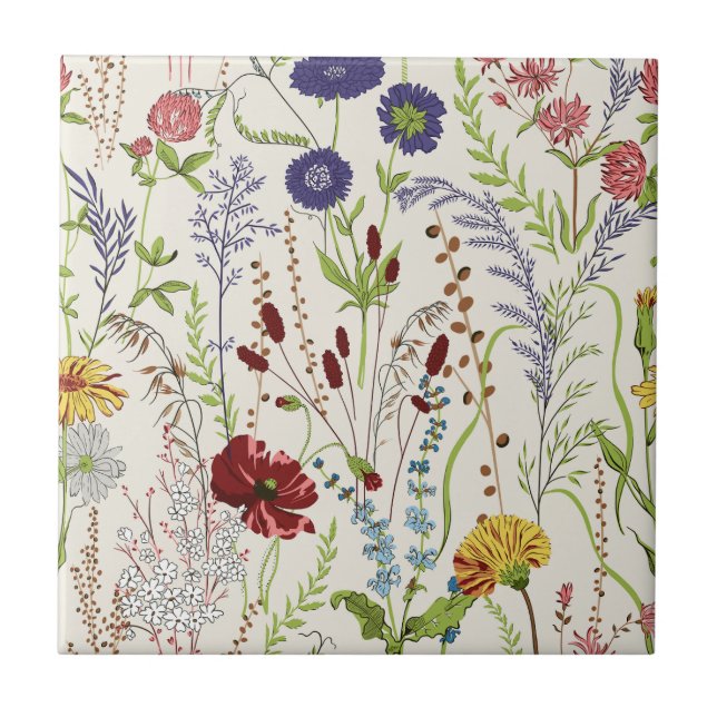 Vintage Handritad Ängsvildblomma Kakelplatta (Framsidan)