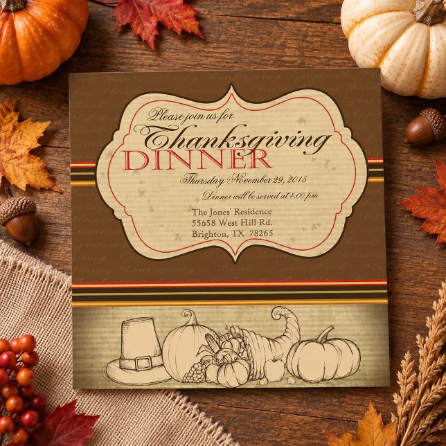 Vintage Handritad Rustik Thanksgiving Middag  Inbjudningar (Vintage Hand drawn Rustic Thanksgiving Dinner Invitation)