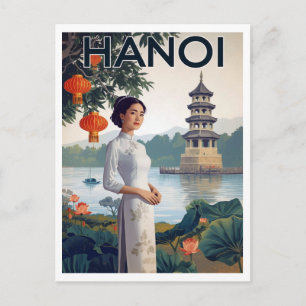 Vintage Hanoi Vietnam Ao Dai Sjö Vykort