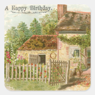Vintage Happy Birthday Cottage-dekal Fyrkantigt Klistermärke