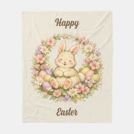 Vintage Happy Easter Bunny Floral Wreath Fleecefilt