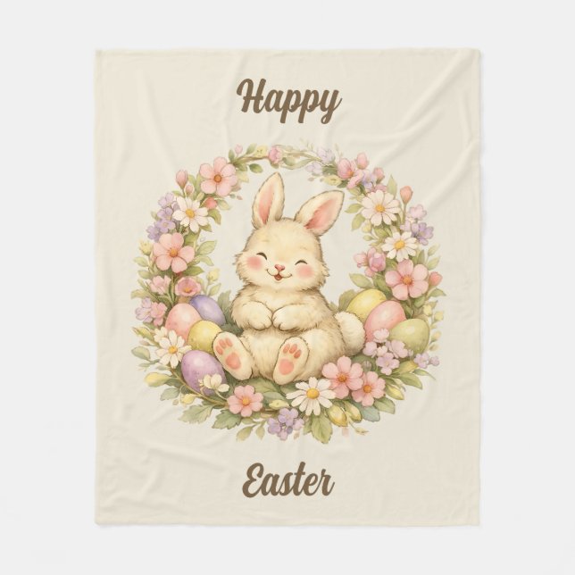 Vintage Happy Easter Bunny Floral Wreath Fleecefilt (Framsidan)