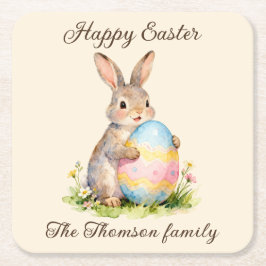 Vintage Happy Easter Bunny with Egg Family  Underlägg Papper Kvadrat