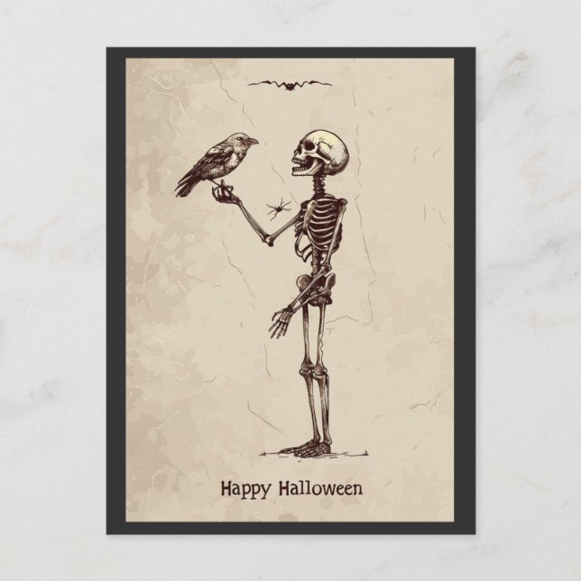 Vintage Happy halloween Creepy Skeleton Bird Vykort (Framsida)