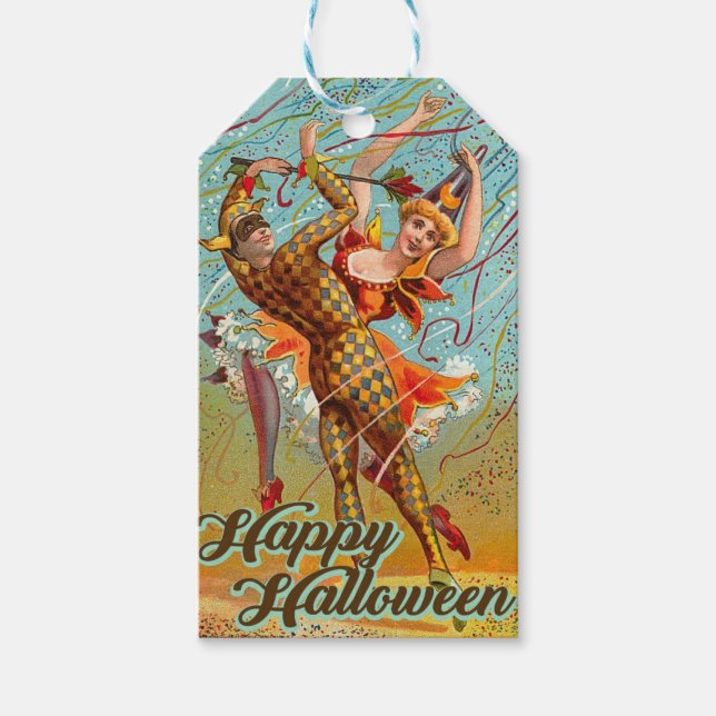 Vintage Happy halloween Dancing in Jester Costume Presentetikett (Framsidan)