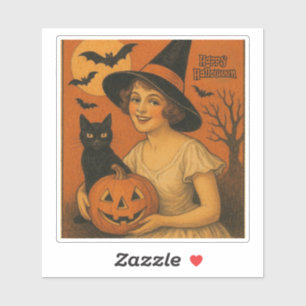 Vintage/Happy halloween häxa, katt, pumpa Klistermärken