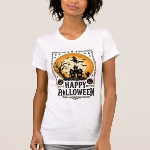 Vintage Happy Halloween Häxa Moon T-shirt Design_1