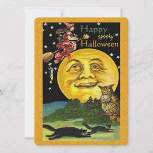 Vintage Happy halloween Måne, Witch, Uggla och Kat Kort