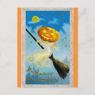 Vintage Happy halloween Pumpkin Witch Vykort