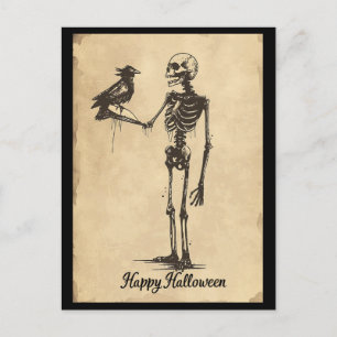 Vintage Happy halloween Spooky Skeleton Black Bird Vykort