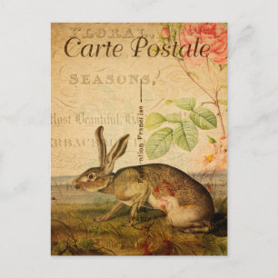 Vintage Hare Rabbit Blommigt Flowers Fransk Vykort