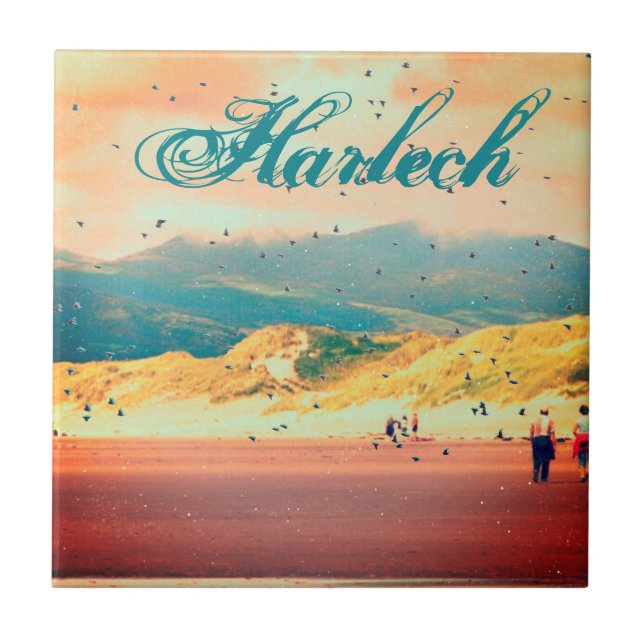 Vintage Harlech Beach med flyttfåglar Kakelplatta (Framsidan)