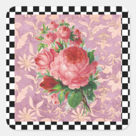 Vintage Harlequin Rosa ros Fyrkantigt Klistermärke