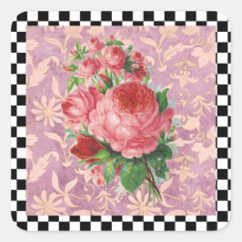 Vintage Harlequin Rosa ros Fyrkantigt Klistermärke