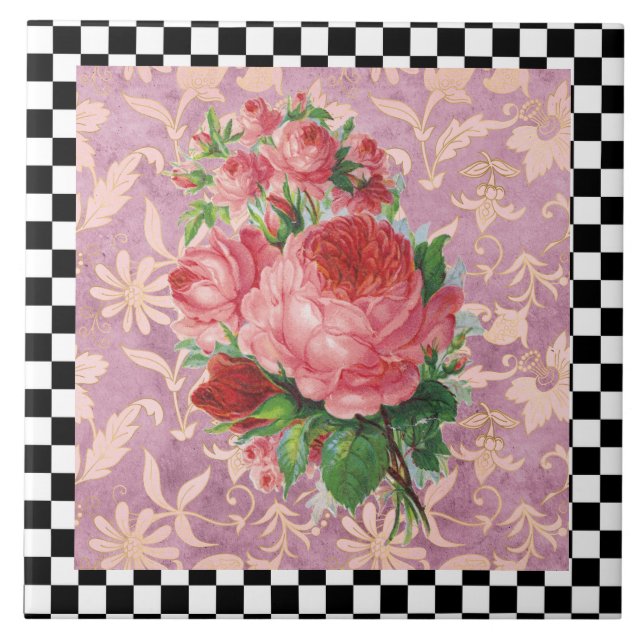 Vintage Harlequin Rosa ros Kakelplatta (Framsidan)