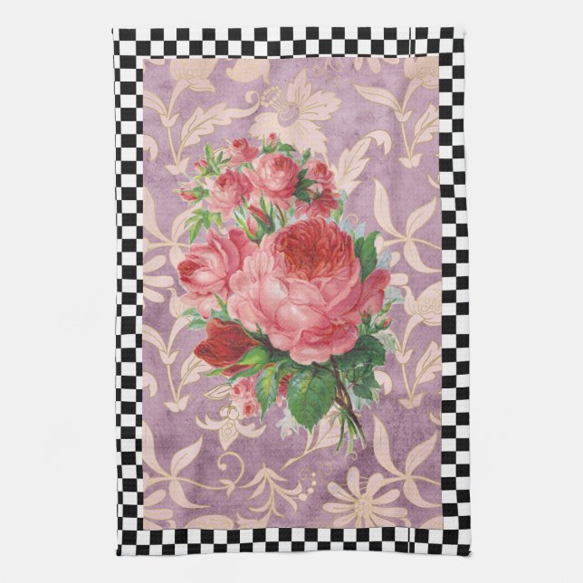 Vintage Harlequin Rosa ros Kökshandduk (Vertikal)