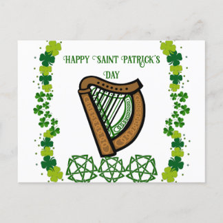 Vintage Harp Saint patrick's day Shamrock Celtic Helg Vykort