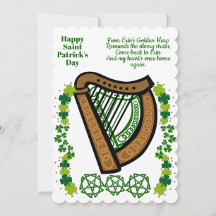 Vintage Harp Saint Patricks Day Shamrock Celtic Julkort