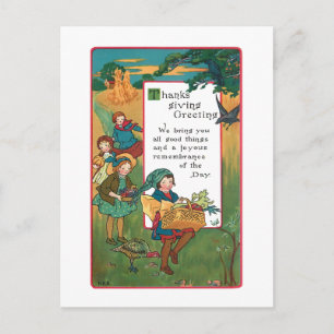 Vintage Harvest Children and Thanksgiving Verse Helg Vykort