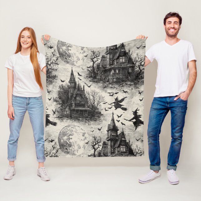 Vintage Haunted House och Witch Toile Mönster Fleecefilt (På plats)
