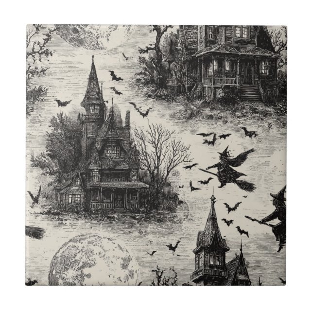 Vintage Haunted House och Witch Toile Mönster Kakelplatta (Framsidan)