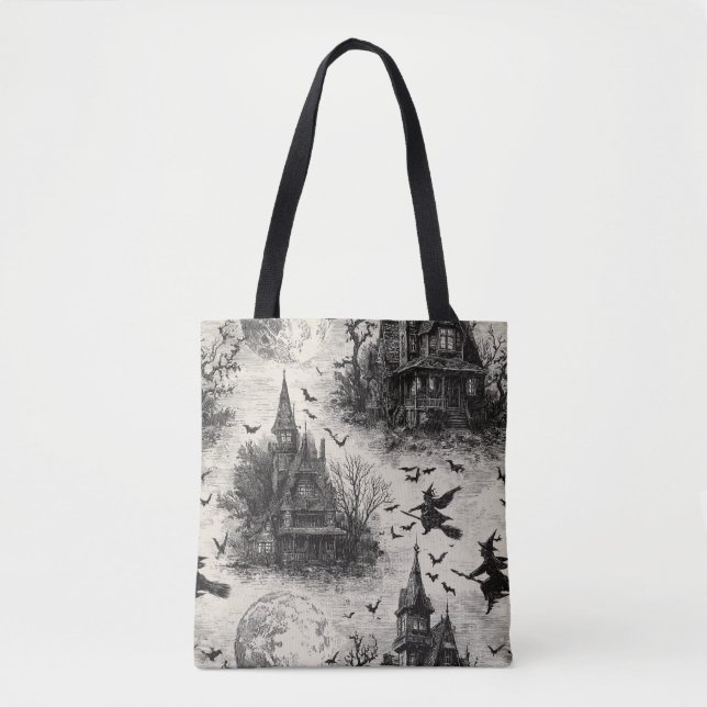 Vintage Haunted House och Witch Toile Mönster Tygkasse (Framsida)