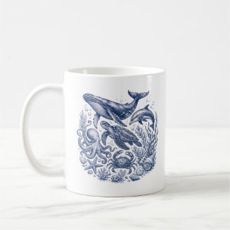 Vintage Havsliv Blå och Vit Marin Kaffemugg